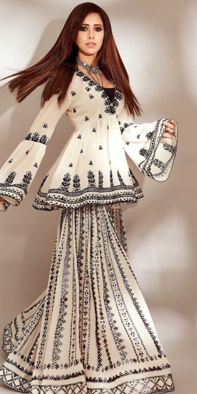 NSR 1139 White & Black Top : Heavy Georgette Top Work : Embroidery Work With Embroidered Bell Sleeve Party, Daily, Wedding, Events @ | Salwar suit, Casual Suits, Creative suits, Designer Suits, Palazzo Suits, Party Wear Suits, Straight Suits