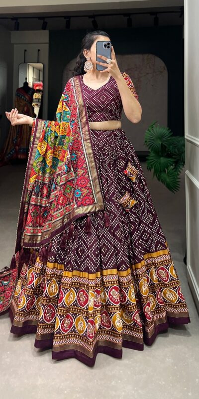 LNB1687 Wine Color Lehenga : Tussar Silk Blouse : Patola Print Work : Foil Work Traditional Wear, Festive, Wedding, Events @2799/- | Lehenga, Bollywood Lehenga, Creative Lehenga, Designer Lehenga, Embroidered Lehenga, Party Wear Lehenga