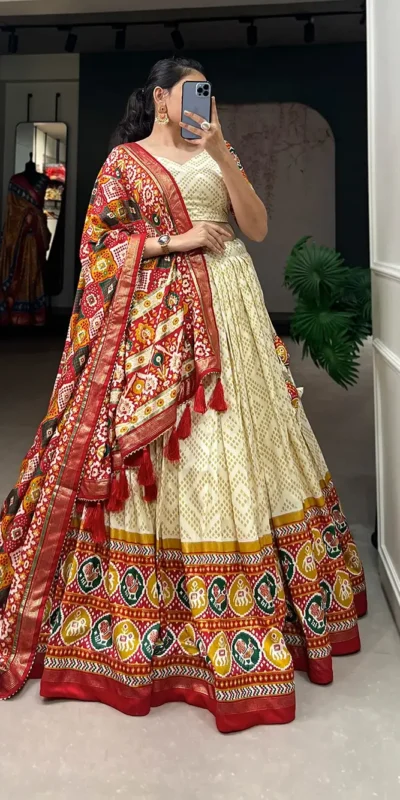 LNB1687 Yellow Color Lehenga : Tussar Silk Blouse : Patola Print Work : Foil Work Traditional Wear, Festive, Wedding, Events @2799/- | Lehenga, Bollywood Lehenga, Creative Lehenga, Designer Lehenga, Embroidered Lehenga, Party Wear Lehenga