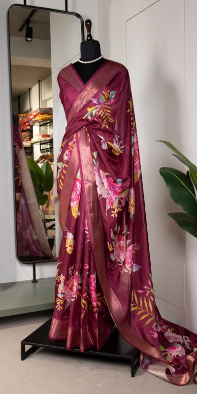 Perfect Maroon Color  Dola Silk Printed With Zari Border Saree