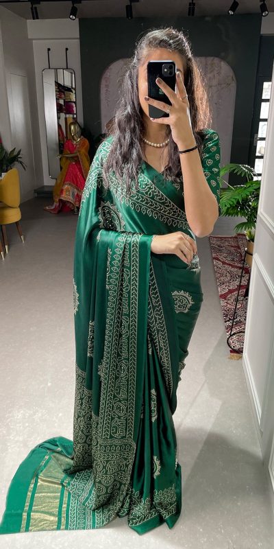Stylish Green Color Semi Gaji Satin Printing with Foil Work Saree
