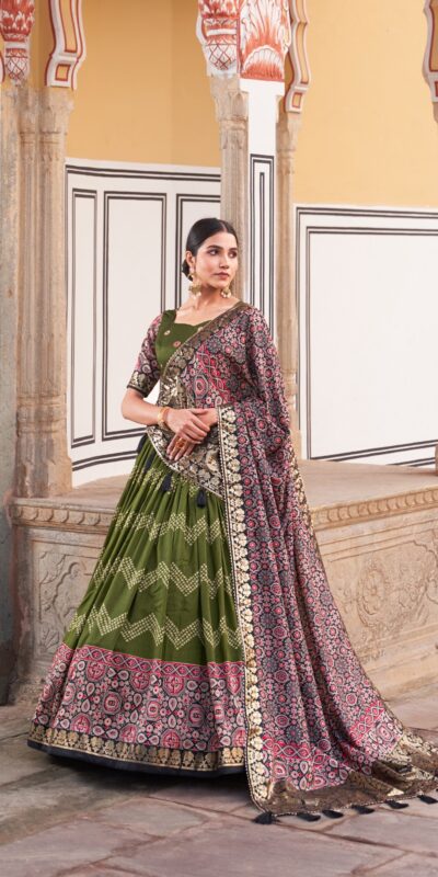 LNB 1614 Green Color Tussar Silk Dot And Ajarakh & Drawstring With Foil Printed & Heavy Tassels Lehenga Choli   Expected Delivery 4-6 Working Days 2449/- | Lehenga, Bollywood Lehenga, Creative Lehenga, Designer Lehenga, Embroidered Lehenga, Party Wear Lehenga