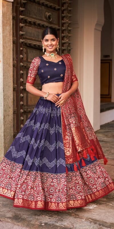 LNB 1614 Navy Blue Color Tussar Silk Dot And Ajarakh & Drawstring With Foil Printed & Heavy Tassels Lehenga Choli   Expected Delivery 4-6 Working Days 2449/- | Lehenga, Bollywood Lehenga, Creative Lehenga, Designer Lehenga, Embroidered Lehenga, Party Wear Lehenga