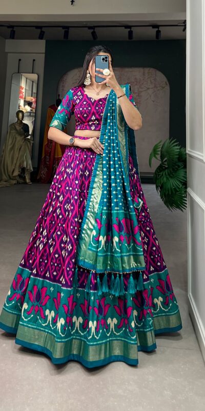 LNB 1615 Purple Color Tussar Silk Drawstring & Printed With Foil Print & Heavy Tassels Lehenga Choli   Expected Delivery 4-6 Working Days 2449/- | Lehenga, Bollywood Lehenga, Creative Lehenga, Designer Lehenga, Embroidered Lehenga, Party Wear Lehenga