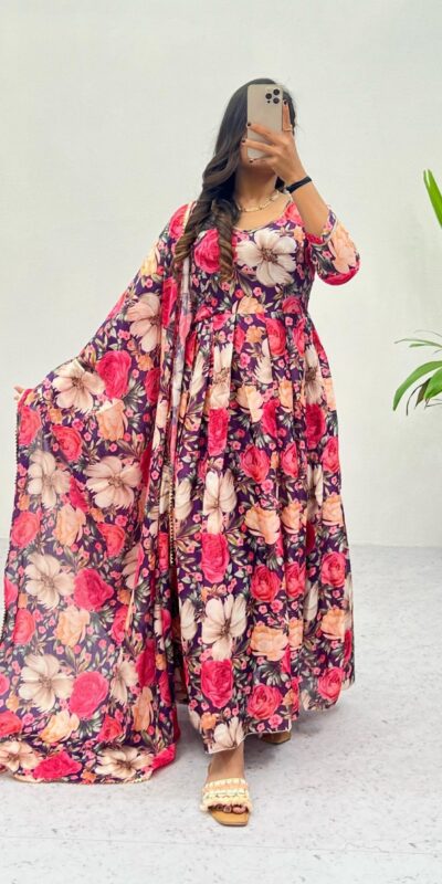 RC 264 Pink Color Heavy Chinon Printed Gown With Lace Border Dupatta Casual, Wedding, Party, Festive, Events Etc. 4-6 Working Days 1749/- | Gowns, Bollywood Gowns, Creative Gowns, Designer Gowns, Embroidered Gowns, Party Wear Gowns