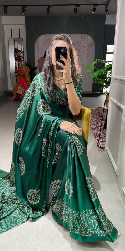 YNF 7803 Green Color Semi Gaji Satin Printing with Foil Work Saree Casual, Party Wear, Wedding, Events Etc. Expected Delivery 4-6 Working Days 1499/- | Designer Sarees, Sarees, Bollywood Sarees, Creative Sarees, Ethnic Saree, Modern Digital sarees, Party Wear Sarees