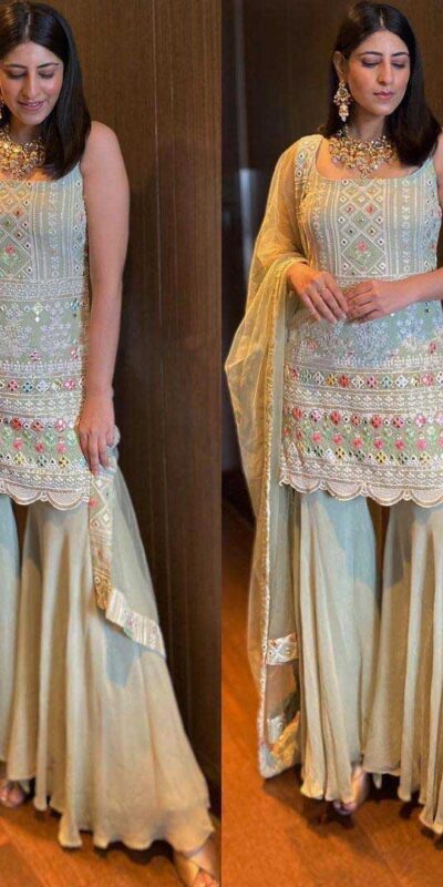 KD 1045 Light Green?Top : Georgette Sharara : Georgette Work :Embroidery Thread Work Wedding, Party, Festive,@1799/- Only | Salwar suit, Casual Suits, Creative suits, Designer Suits, Palazzo Suits, Party Wear Suits, Straight Suits