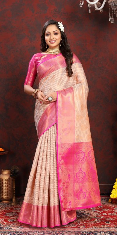 Adorable Golden Pink Color Lichi Silk Gold & Silver Zari Saree