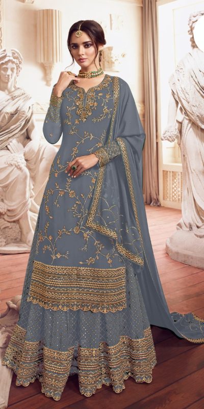 Adorable Grey Color Georgette Embroidery Sequence Sharara Suit