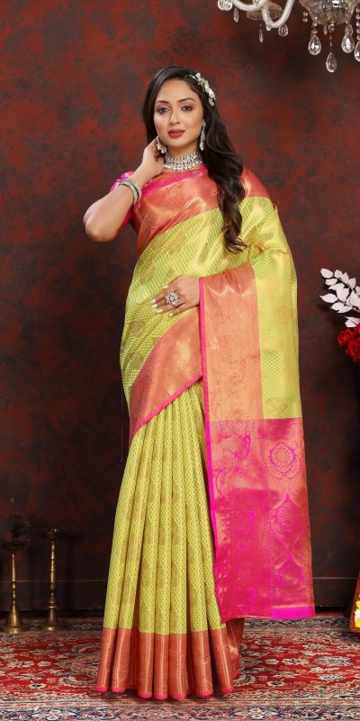 Adorable Parrot Green Color Lichi Silk Gold & Silver Zari Saree