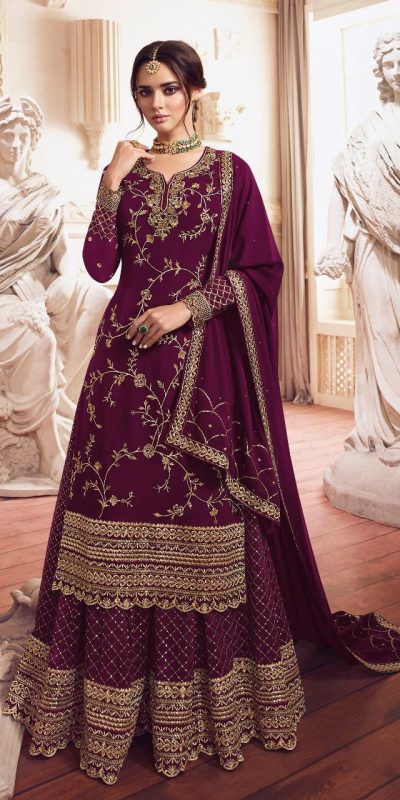 Adorable Wine Color Georgette Embroidery Sequence Sharara Suit