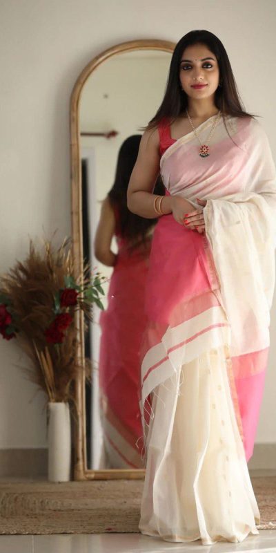 Aesthetically White Color Soft Lilan Slab Jacquard Work Saree