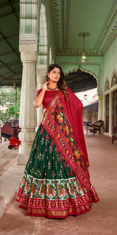 Attractive Green Color Tussar Silk Patola Printed Lehenga Choli