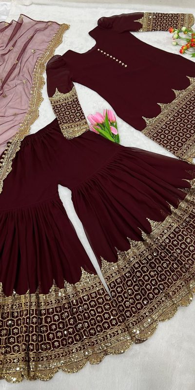 Attractive Maroon Color Georgette Embroidery Sharara Suit