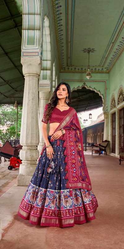 Attractive Navy Blue Color Tussar Silk Patola Printed Lehenga Choli
