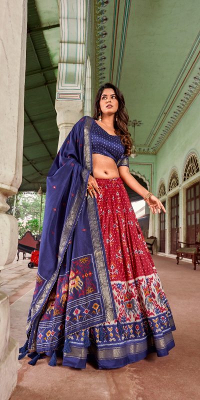 Attractive Red Color Tussar Silk Patola Foil Printed Lehenga Choli