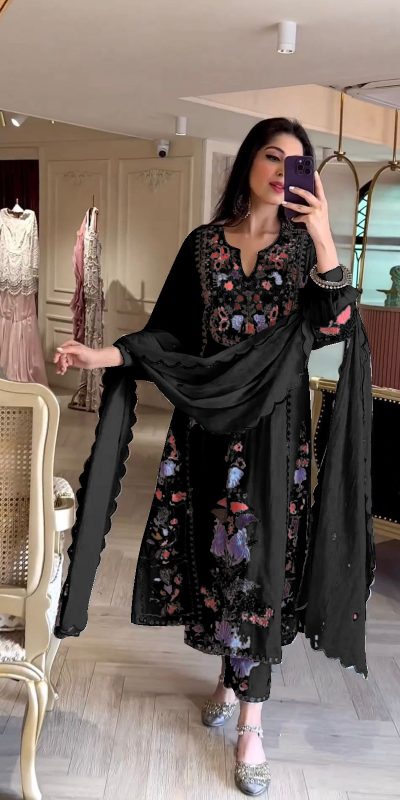 Awesome Black Color Georgette Embroidery Work Salwar Suit
