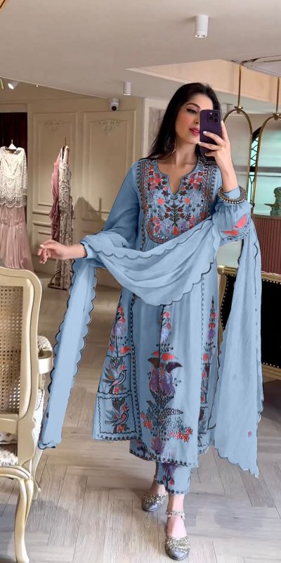 Awesome Blue Color Georgette Embroidery Work Salwar Suit