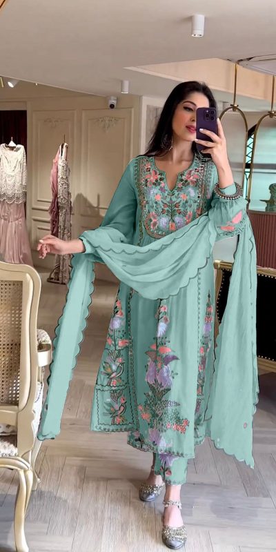 Awesome Peacock Blue Color Georgette Embroidery Work Salwar Suit