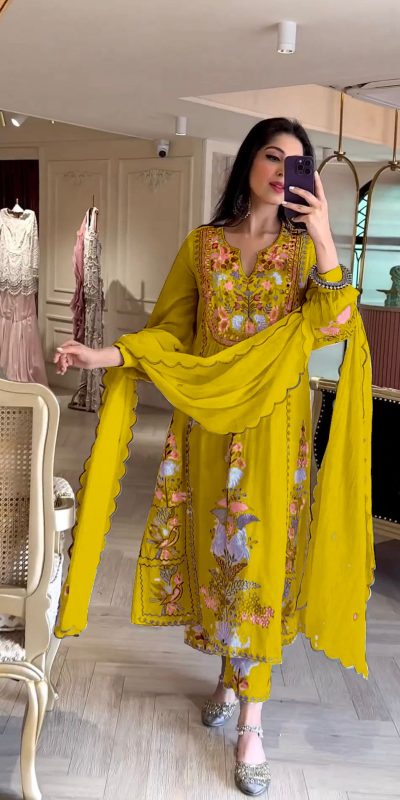 Awesome Yellow Color Georgette Embroidery Work Salwar Suit