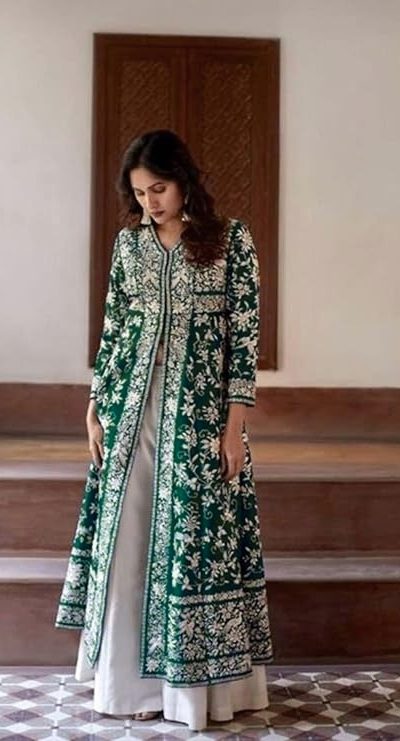 Beautiful Green Color Cotton Slub Embroidery Work Sharara Suit