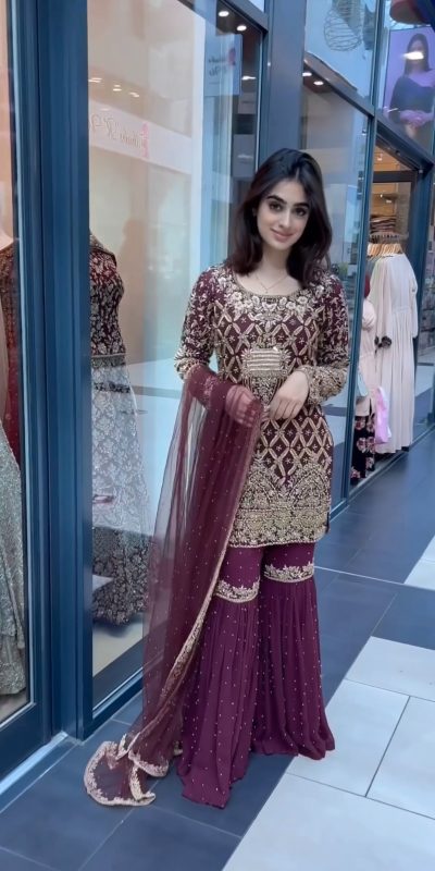 Beautiful Maroon Color Georgette Embroidery Work Sharara Suit