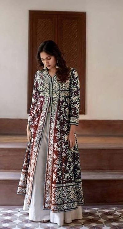 Beautiful Red Color Cotton Slub Embroidery Work Sharara Suit