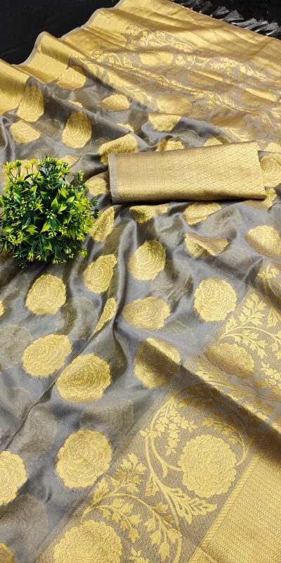 Classic Grey Color Pure Organza Gold Zari Weaving Silk Saree