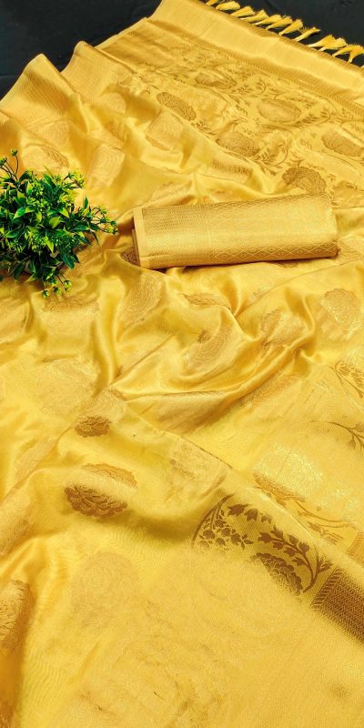 Classic Yellow Color Pure Organza Gold Zari Weaving Silk Saree