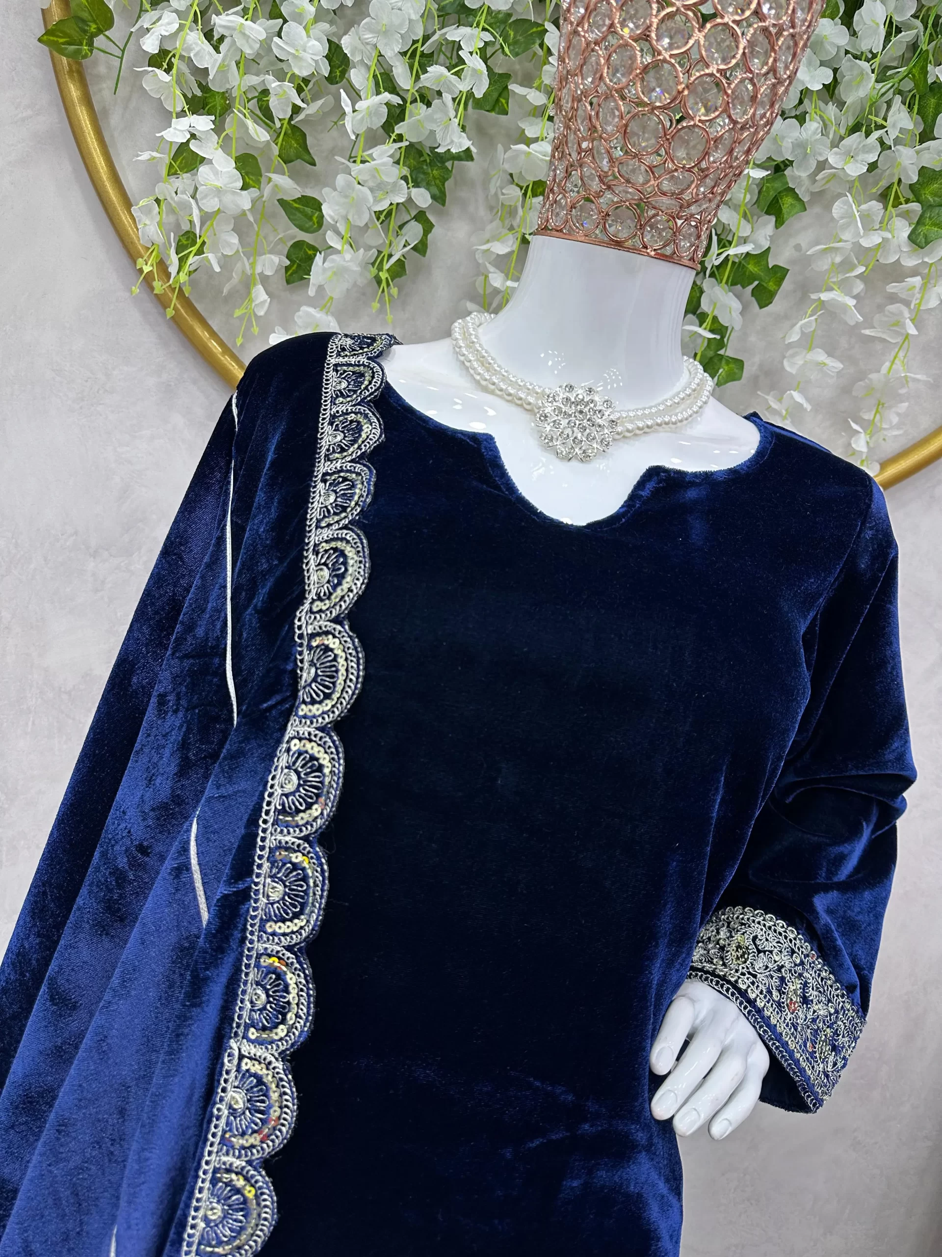Divine Navy Blue Color Velvet With Cording Dori Work Long Length Gown - Image 2