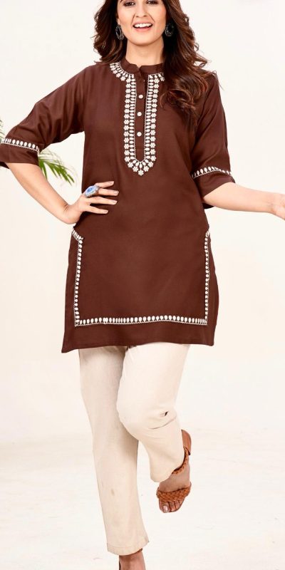 Fashionable Maroon Color Heavy Rayon With Embroidery Kurti