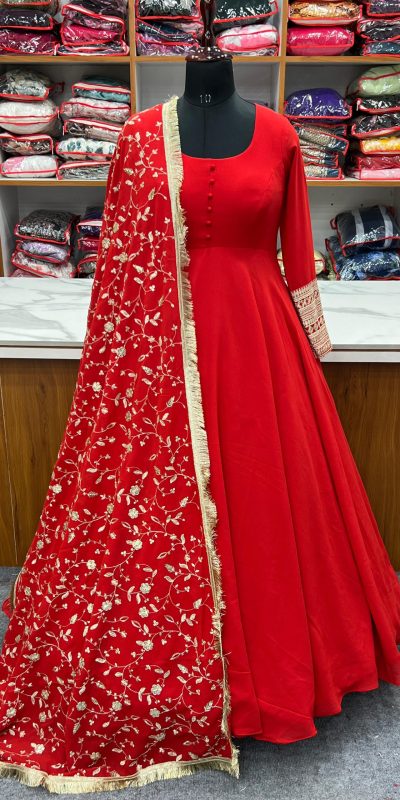 Fashionable Red Color Pure Soft Faux Georgette Anarkali Suit