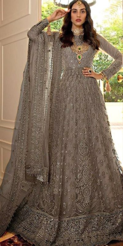 Grace Grey Color Net Embroidery And Mirror Work Anarkali Suit