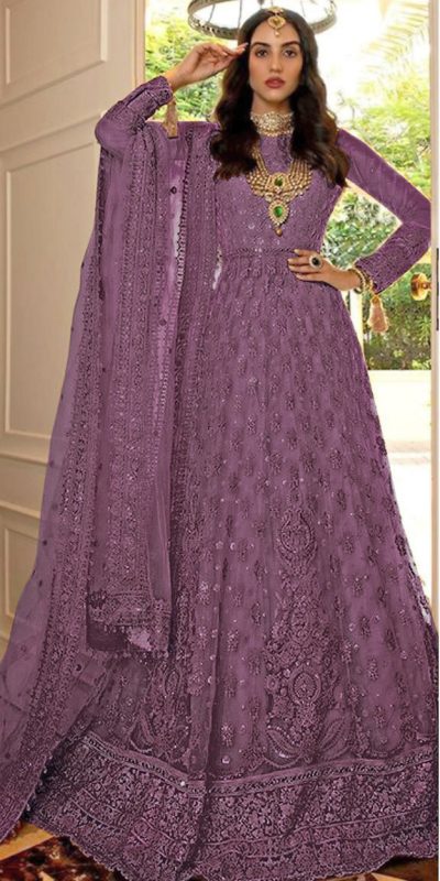 Grace Purple Color Net Embroidery And Mirror Work Anarkali Suit