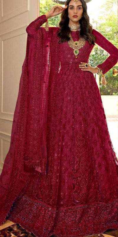 Grace Red Color Net Embroidery And Mirror work Anarkali Suit