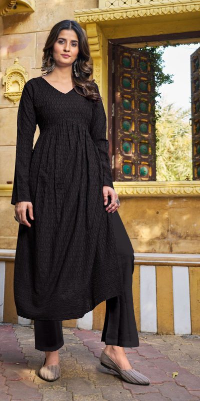 Grand Look Black Color Heavy Rayon with Schiffli Work Kurti