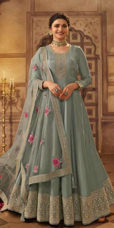 Grand Look Grey Color Dola Silk Embroidery Work Anarkali Suit