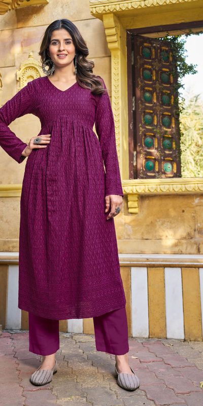 Grand Look Maroon Color Heavy Rayon with Schiffli Work Kurti