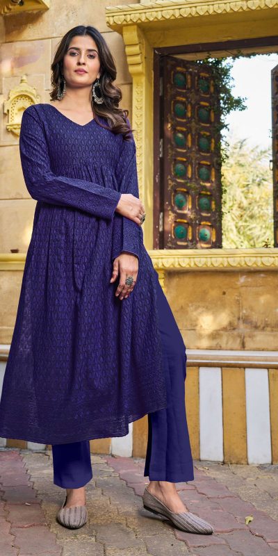Grand Look Navy Blue Color Heavy Rayon Schiffli Work Kurti