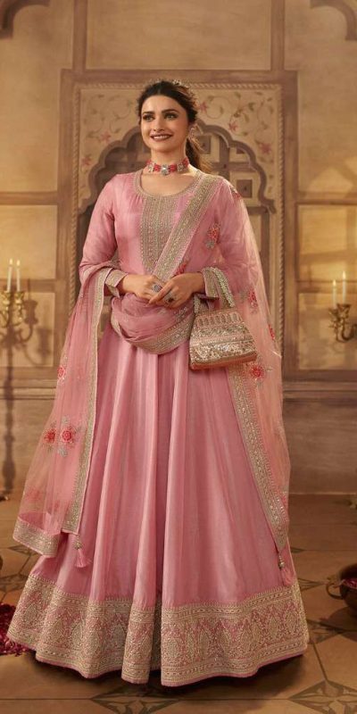 Grand Look Pink Color Dola Silk Embroidery Work Anarkali Suit