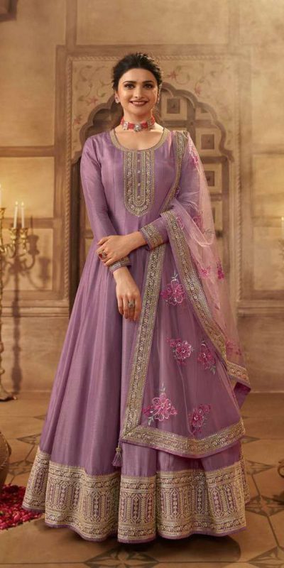 Grand Look Purple Color Dola Silk Embroidery Work Anarkali Suit