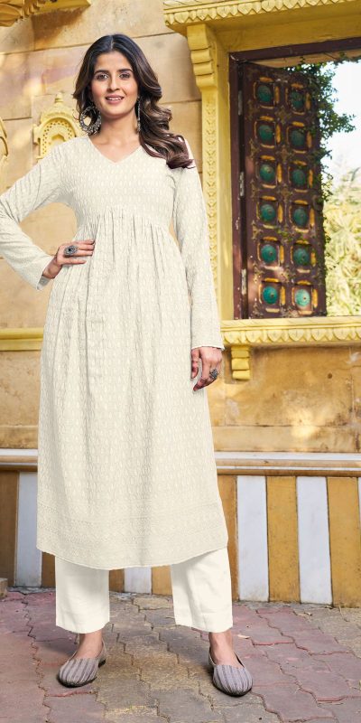 Grand Look White Color Heavy Rayon with Schiffli Work Kurti