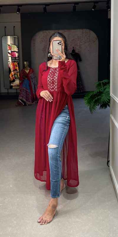 Grand Red Color Georgette Sequins Embroidery work Kurti