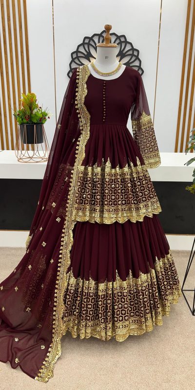 stunning Dark Maroon Color Faux Georgette With Embroidery Sequence Work Lehenga Choli