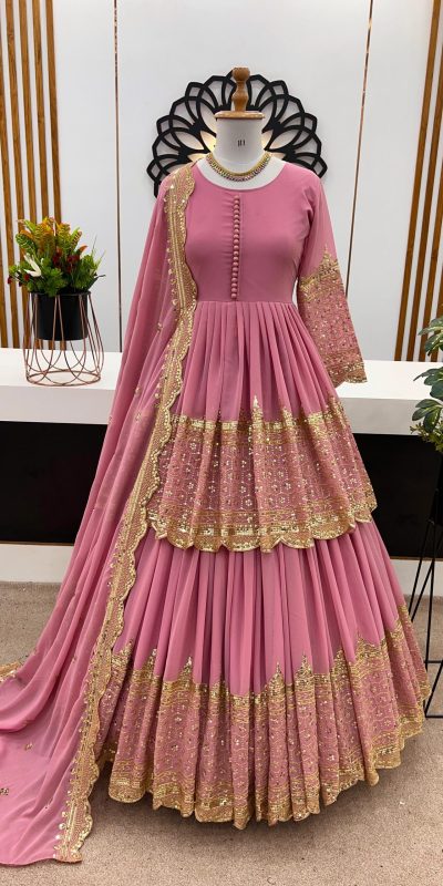 Stunning Pink Color Faux Georgette With Embroidery Sequence Work Lehenga Choli