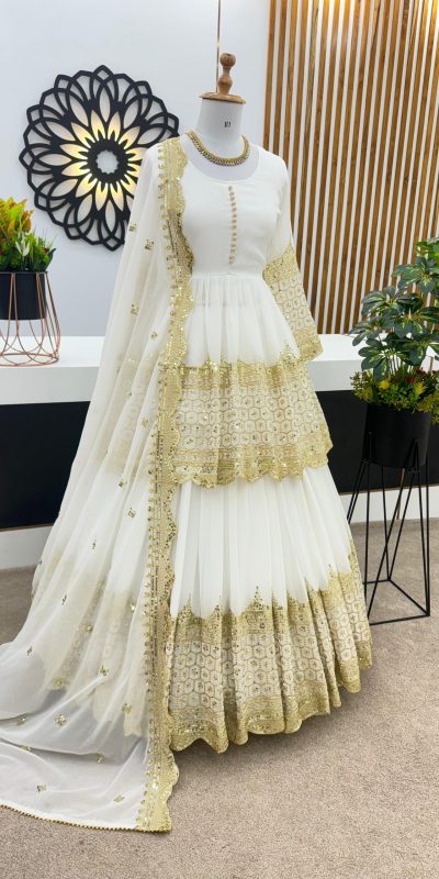 Stunning White Color Faux Georgette With Embroidery Sequence Work Lehenga Choli