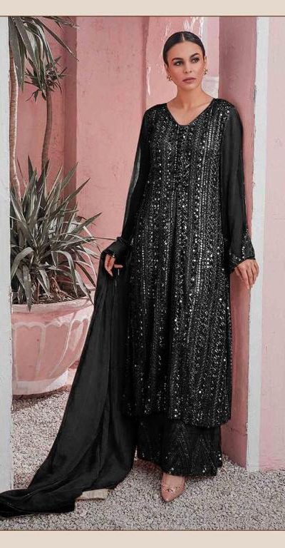 Latest Black Color Georgette Embroidered Sequence Work Straight Salwar Suit