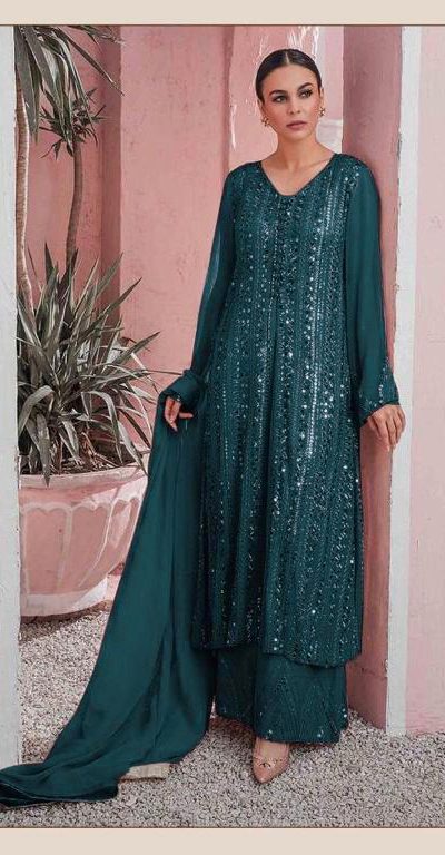 Latest Stone Green Color Georgette Embroidered Sequence Work Straight Salwar Suit