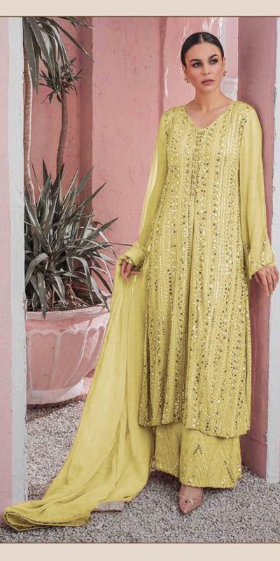 Latest Yellow Color Georgette Embroidered Sequence Work Straight Salwar Suit