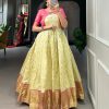 Lovely Yellow Color Micro Cotton Silk Jacquard  Zari work designer gown